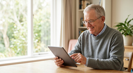 Fototapeta premium Smiling senior man using a digital tablet at home. Retired male with glasses sitting at a wooden table browsing the internet on a touchscreen device. Modern technology and communication