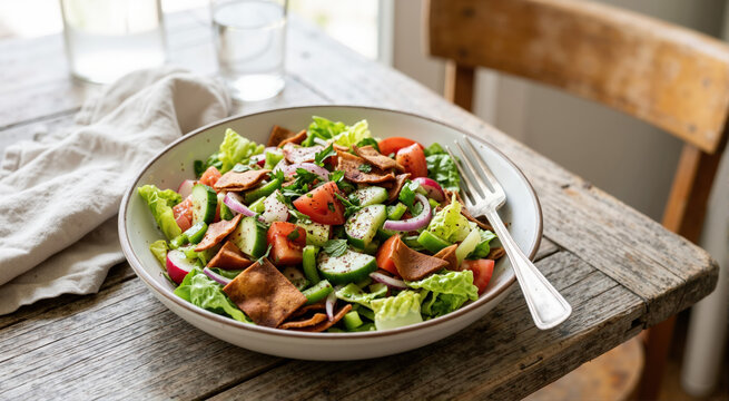 Fresh fattoush salad in a bowl on a wooden table. Healthy middle eastern vegetable salad with crispy pita bread