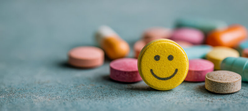 Colorful pills and tablets on a table with a smiling face tablet showcasing health and wellness options