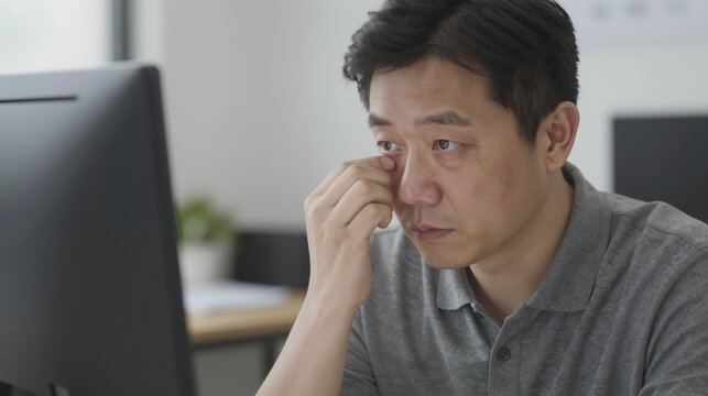 half body portrait of a man at a desk rubbing his eye from eye strain at a computer in a neutral office setting