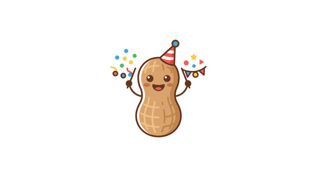 Cute Party Peanut Character Celebrating with Confetti and Flag