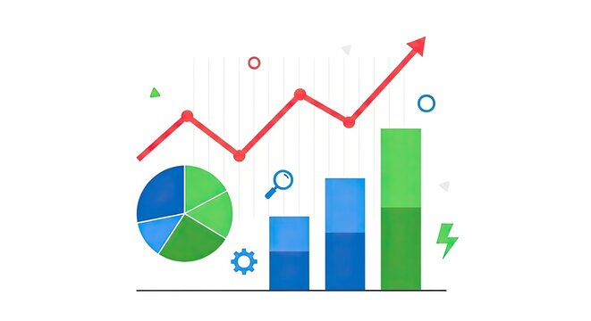 Colorful flat illustration of business growth charts and graphs