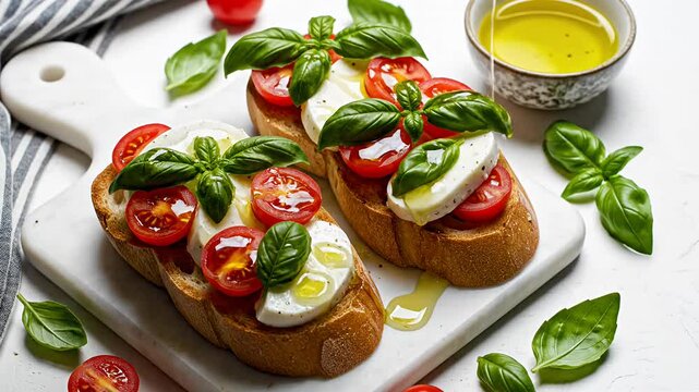 Olive oil pouring over caprese bruschetta with tomato mozzarella.