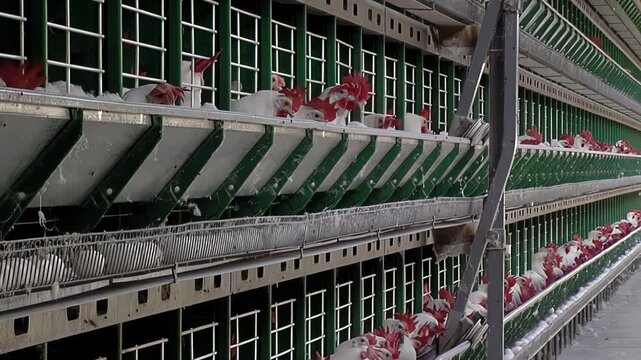 Agriculture Poultry Feeding House with Rows of Birds inside Farming Warehouse - 4K