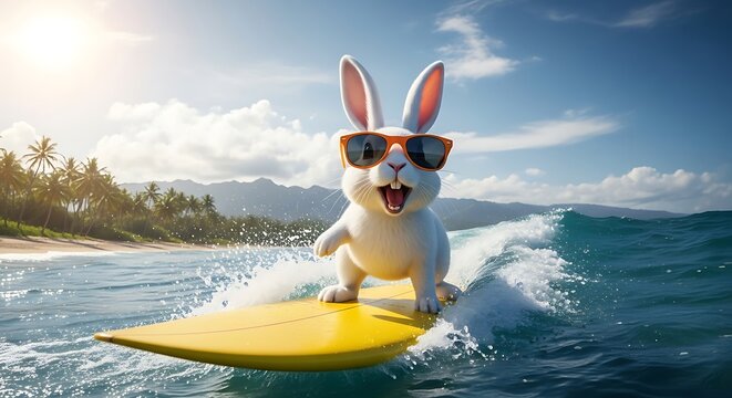 Cute white bunny surfing on a surfboard at a tropical beach
