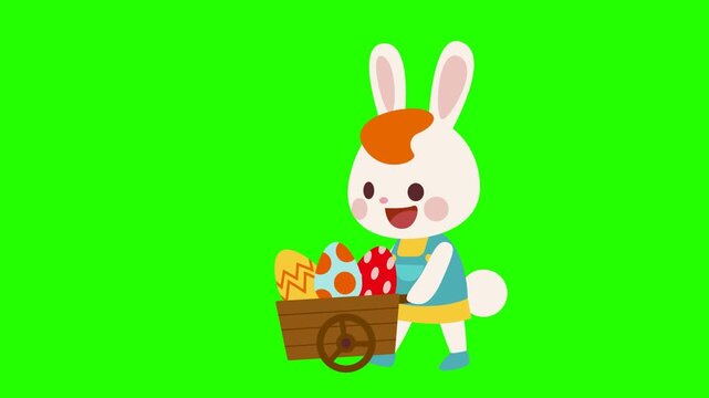 Easter Bunny Pulling Cart with Colorful Eggs on Green Screen Loop, Animated Easter Rabbit with Egg Cart on Green Background Footage