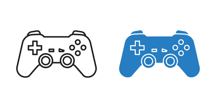 Video game controller outline and filled icon against a white background for digital entertainment concept