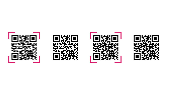 A horizontal arrangement of four distinct QR codes, some featuring pink corner registration marks, isolated on a clean white background.