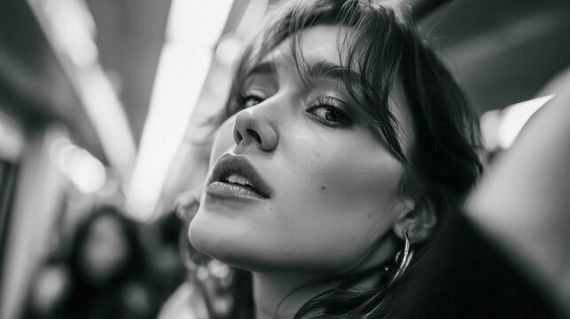Black and white close-up portrait of a woman on a train, with dramatic lighting, soft focus and elegant urban travel mood