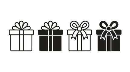 Obraz premium A collection of four stylized gift boxes, presented as icons, with variations in line art and silhouette, each topped with a decorative bow.