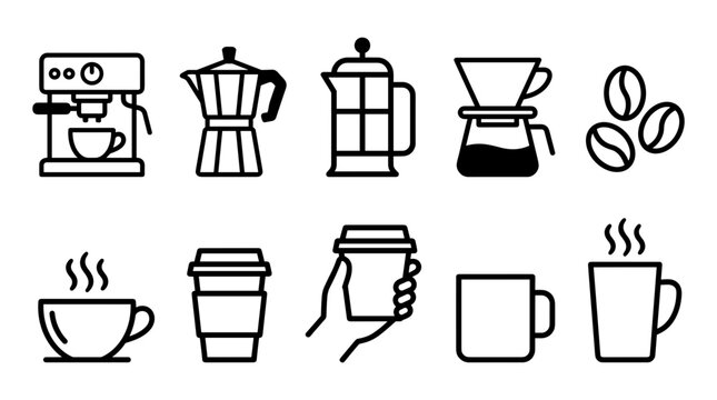 A collection of simple line icons depicting various coffee making methods and drinking vessels.