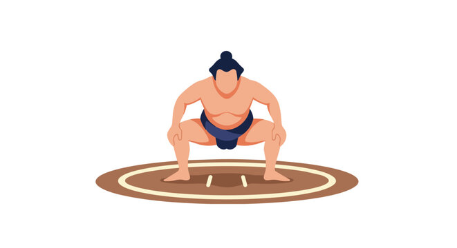 Professional Japanese Sumo Wrestler Character in Traditional Squat Stance on Dohyo Ring, Combat Sports Illustration Isolated on White Background