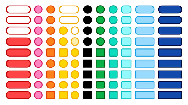 A collection of various colorful geometric shapes and buttons, including circles, squares, and rounded rectangles, in a rainbow of colors.