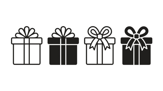 A collection of four stylized gift boxes, presented as icons, with variations in line art and silhouette, each topped with a decorative bow.