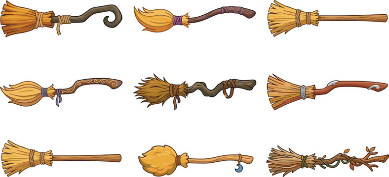 Halloween Witch Broom Collection Cartoon Magic Broomstick Vector Illustratio