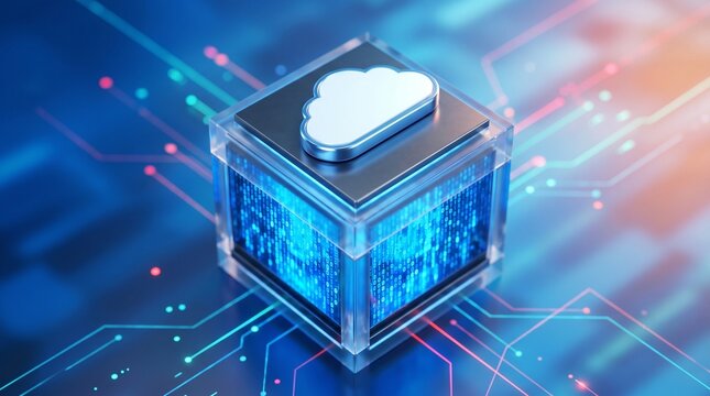 Digital data cube glowing with circuit network in futuristic technology background