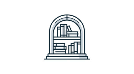 Fototapeta premium Arched wooden bookshelf illustration filled with various hardback books on multiple levels.