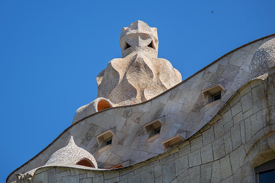 Architecture detail of Famous Casa Mila (La Pedrera, 1906 - 1910) - civil building, designed by Antoni Gaudi. BARCELONA, SPAIN. June 8, 2026.