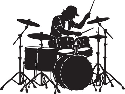 musicians playing drums on stage with drum kit cymbals during a live concert performance