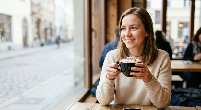 Happy woman drinking hot chocolate in a cafe. Smiling traveler enjoying a warm beverage by the window. Cozy winter travel concept