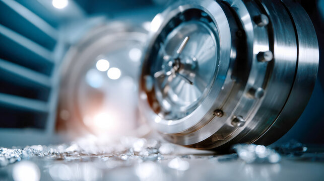 Close-up of an open steel bank vault door with sparkling diamonds on the floor, security, wealth and safe storage concept