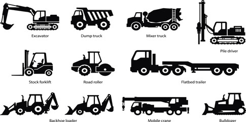Black silhouette icons of construction vehicles including excavator, dump truck, mixer truck, bulldozer, and mobile crane isolated on white background © RABBI