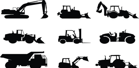 Heavy construction machinery silhouettes set vector including excavator bulldozer backhoe loader forklift roller dump truck tractor and industrial vehicles © RABBI
