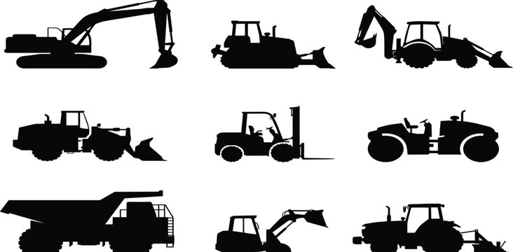 Heavy construction machinery silhouettes set vector including excavator bulldozer backhoe loader forklift roller dump truck tractor and industrial vehicles