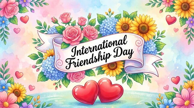 Beautiful international friendship day banner with watercolor flowers and two red heart symbols