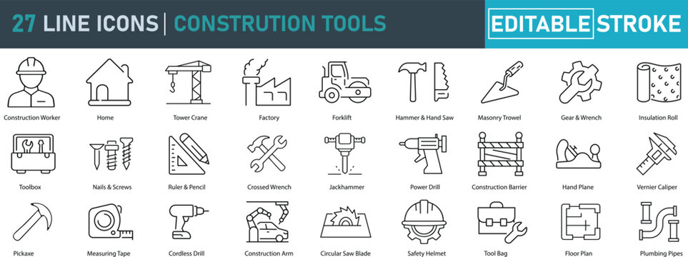 Construction Tools Line Icon Set. Contains icons related to construction equipment, hand tools,repair tools, heavy machinery,renovation work and more . Editable stroke. Vector illustration.