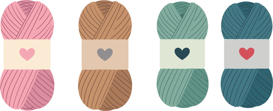 Colorful yarn skein collection illustration, knitting wool balls with heart labels isolated vector craft set