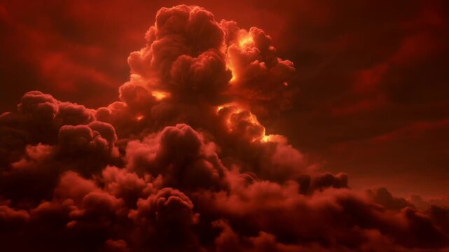 Slow motion aerial tracking shot of lightning striking towering cumulonimbus storm clouds with glowing red illumination across turbulent atmospheric sky