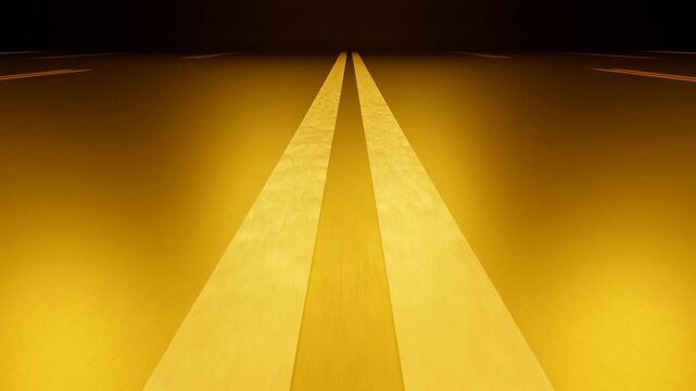 Tracking shot moving forward along illuminated golden runway center lines converging to vanishing point in indoor studio at night