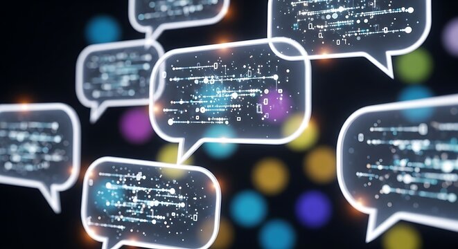 Floating digital speech bubbles with binary code data streams for communication and artificial intelligence network concept on dark background