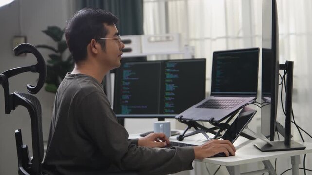 Focused Programmer Working Remotely with Multiple Monitors and a Laptop Setup