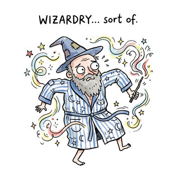 Confused wizard performing unsuccessful magic with colorful energy.