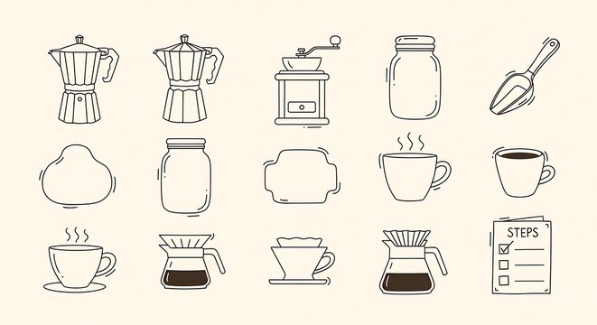 Set of coffee brewing equipment icons, including moka pot, coffee grinder, jar, scoop, cup, and pour over dripper in handdrawn doodle style
