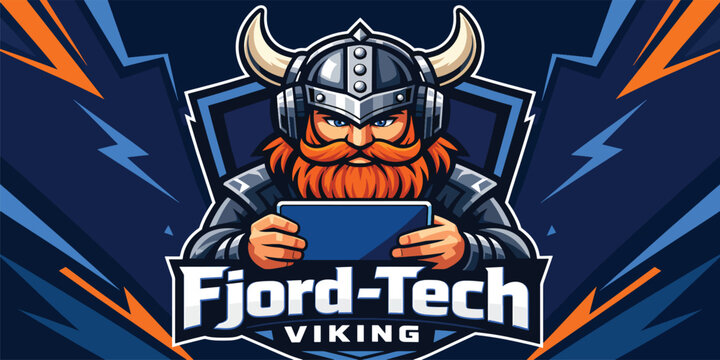 Fjord Tech Viking mascot with horned helmet, fiery beard and glowing tablet, bold Scandinavian esports logo concept for digital security, gaming streams and tech brands