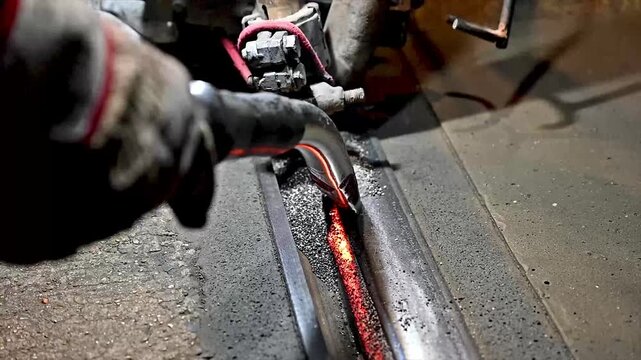 Close-up of a worker grinding an embedded tram rail with a power tool at night sparks and a glowing line appearing along the steel during urban tramway track maintenance and road works.