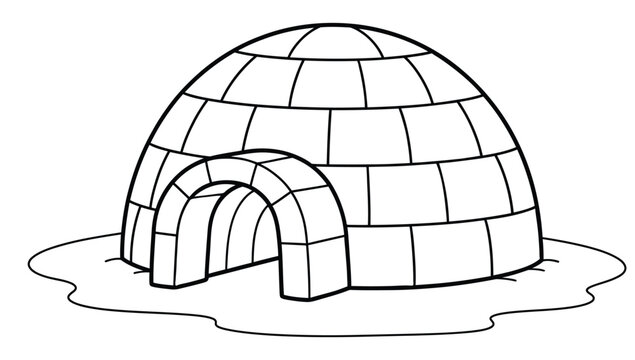 Black and white line art illustration of an igloo isolated on white background