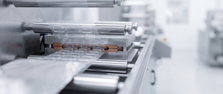 Pharmaceutical blister packaging machine producing medicine blister packs on automated cleanroom production line