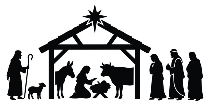 Nativity scene silhouette with holy family, wise men, and animals