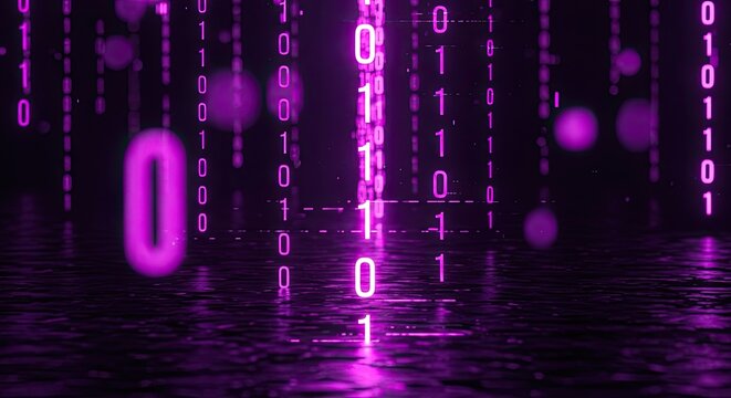 Falling purple binary code digits with reflective surface