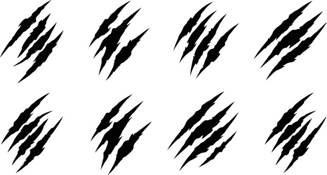 Eight black claw scratch marks vector illustration isolated on transparent background graphic element for design projects and digital artwork