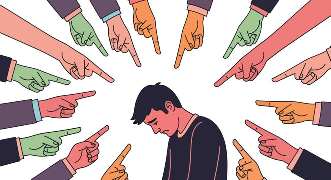 Man surrounded by pointing hands