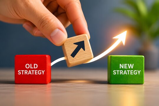A hand changing a block from old strategy to new strategy with an upward arrow for the concept of business strategy improvement.