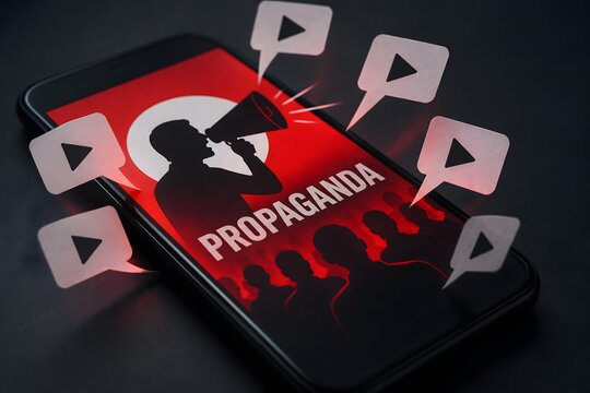Smartphone displaying propaganda with speech bubbles for the concept of misinformation and media manipulation.
