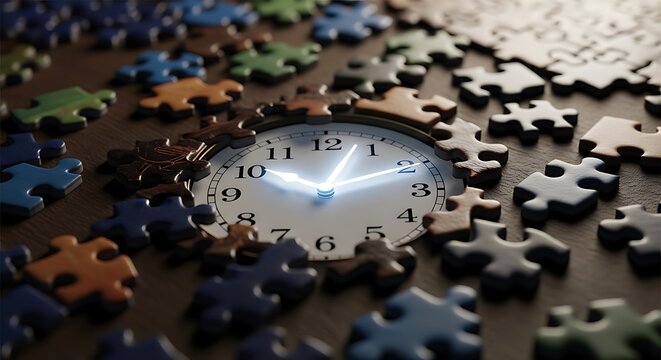 Glowing clock face integrated into a puzzle piece surrounded by numerous colorful scattered puzzle pieces representing complex time management