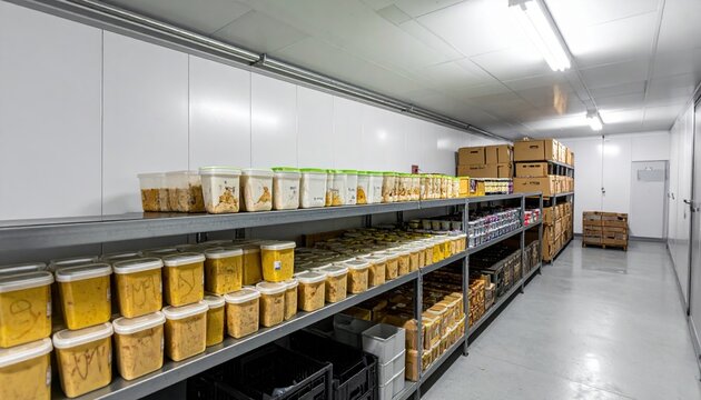 Extensive non-perishable food stockpile in a commercial storage facility, organized and ready for distribution.
