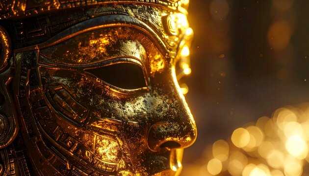 Mystical golden Inca mask in dramatic lighting with soft bokeh background for Inti Raymi celebration